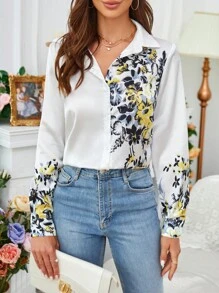 SHEIN Privé Áo sơ mi nữ Nút phía trước Hoa Giải trí - Nhiều màu - Xem 1