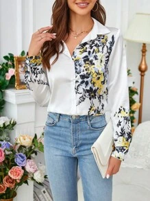 SHEIN Privé Áo sơ mi nữ Nút phía trước Hoa Giải trí - Nhiều màu - Xem 3