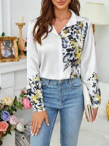 SHEIN Privé Áo sơ mi nữ Nút phía trước Hoa Giải trí - Nhiều màu - Xem 4