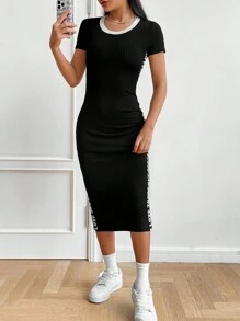 SHEIN EZwear Abito lungo estivo, vestito attillato nero con fascia laterale a contrasto con scritta - nero - Visualizzare 4