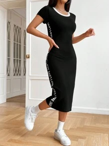 SHEIN EZwear Abito lungo estivo, vestito attillato nero con fascia laterale a contrasto con scritta - nero - Visualizzare 6