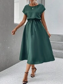 SHEIN LUNE Solid Drawstring Waist A-line Dress