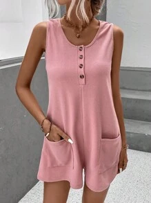 SHEIN LUNE Half Button Dual Pocket Tank Romper - Dusty Pink - View 3
