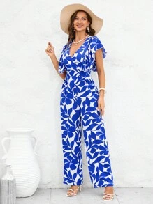 SHEIN Clasi 滿版印花蝴蝶袖闊腿連體褲 - 藍色 - 查看 4