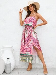 SHEIN VCAY Đầm Xù Tách cao Paisley Boho - Nhiều màu - Xem 1