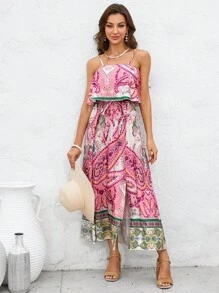 SHEIN VCAY Đầm Xù Tách cao Paisley Boho - Nhiều màu - Xem 4