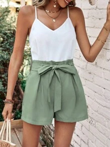 SHEIN VCAY Bộ đồ hai mảnh nữ Thắt lưng Quần paper-bag Khối Màu Giải trí - Màu xanh Bạc hà - Xem 4
