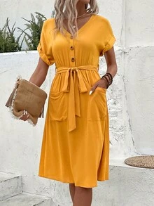 SHEIN LUNE Đầm Thắt lưng Nút Túi màu trơn Giải trí - Màu vàng - Xem 6
