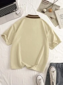SHEIN EZwear Áo thun nữ Nút Tương phản ren Nút phía trước Sọc Slogan Giải trí - Màu be - Xem 2