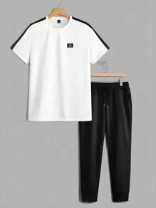 GENTILAND Men Letter Patched Contrast Side Seam Tee & Drawstring Waist Sweatpants - White - View 1
