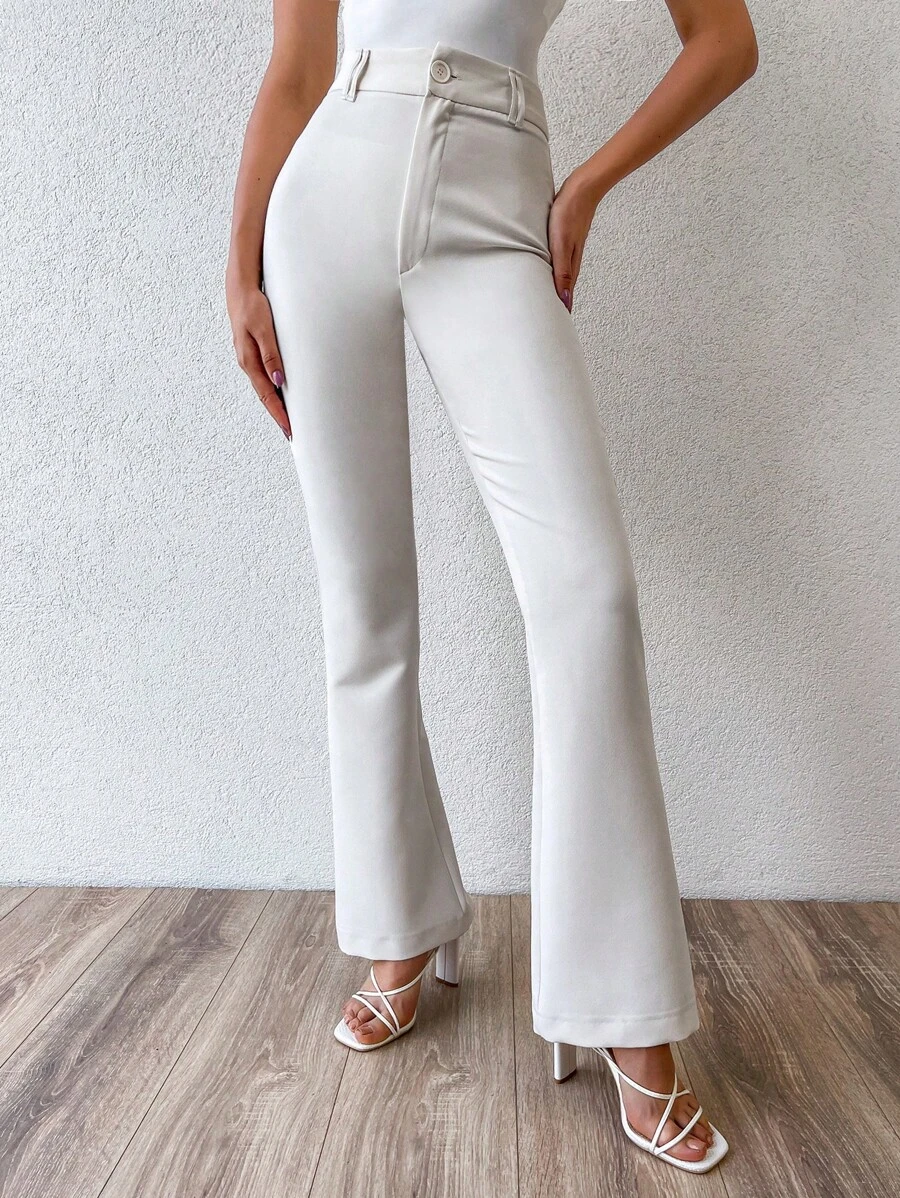 EURMUSE High Waist Flare Leg Trousers - White - View 1