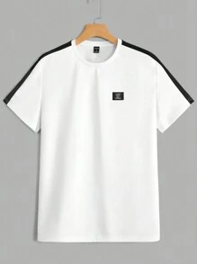 GENTILAND Men Letter Patched Contrast Side Seam Tee & Drawstring Waist Sweatpants - White - View 3