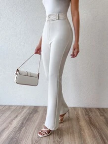 EURMUSE High Waist Flare Leg Trousers - White - View 5