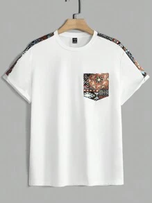 Manfinity VCAY Hombres Camiseta con estampado geométrico con costura lateral en contraste con parche con bolsillo
