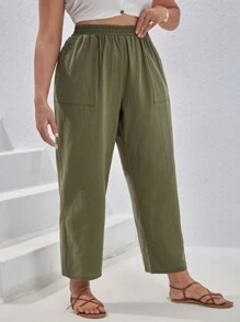 SHEIN VCAY Quần Plus Size Túi màu trơn Giải trí - xanh quân đội - Xem 3