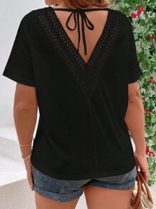 SHEIN VCAY Áo thun Plus size Tương phản ren Buộc lại màu trơn Giải trí - màu đen - Xem 1