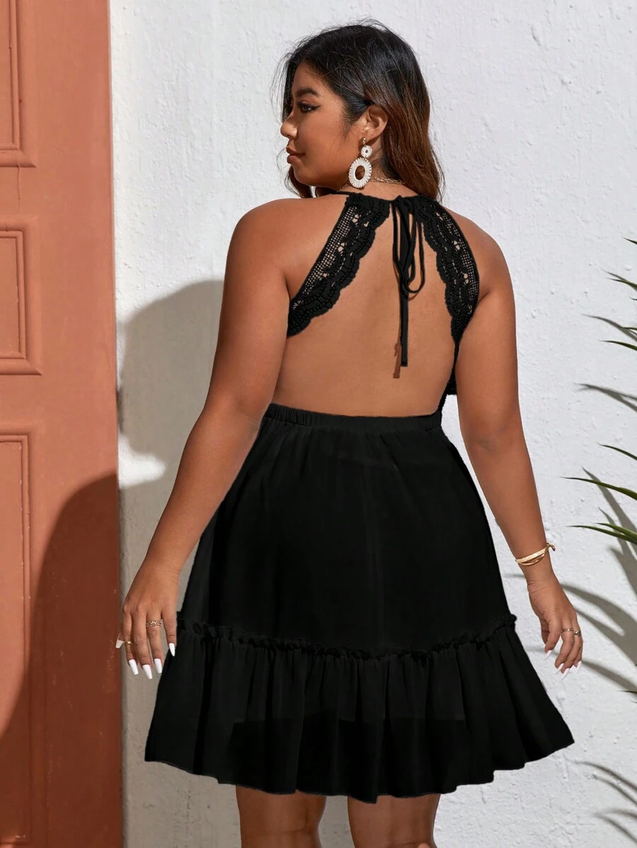 Dreamara Plus Contrast Lace Tie Backless Ruffle Hem Dress - Black - View 1