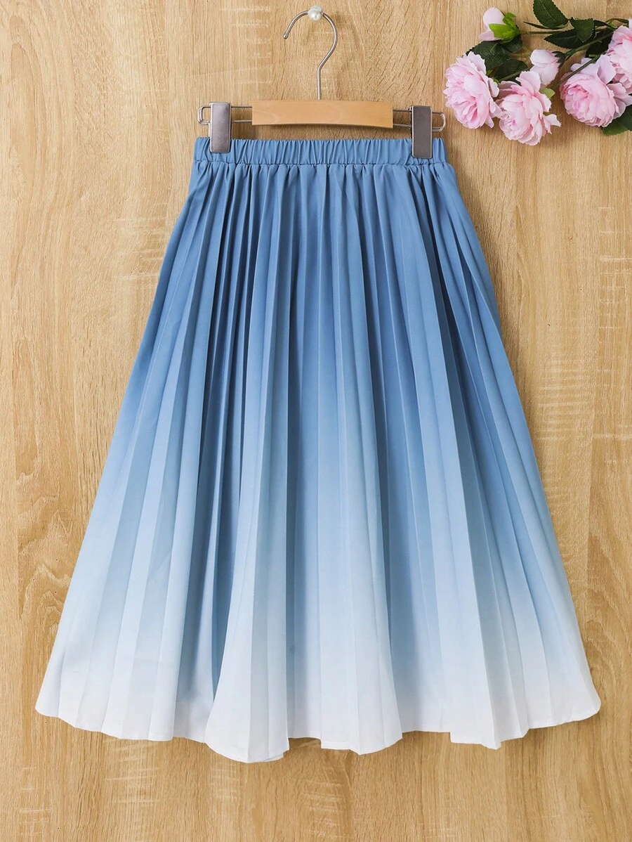 SHEIN 女童藍色漸層百褶裙,帶有彈性腰 - 藍白色 - 查看 1