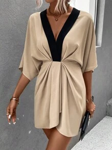 SHEIN Clasi 拼接邊蝙蝠袖褶皺細節連衣裙 - 杏色 - 查看 5