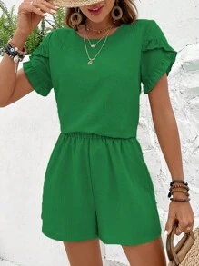 SHEIN LUNE Solid Petal Sleeve Blouse & Shorts - Green - View 5