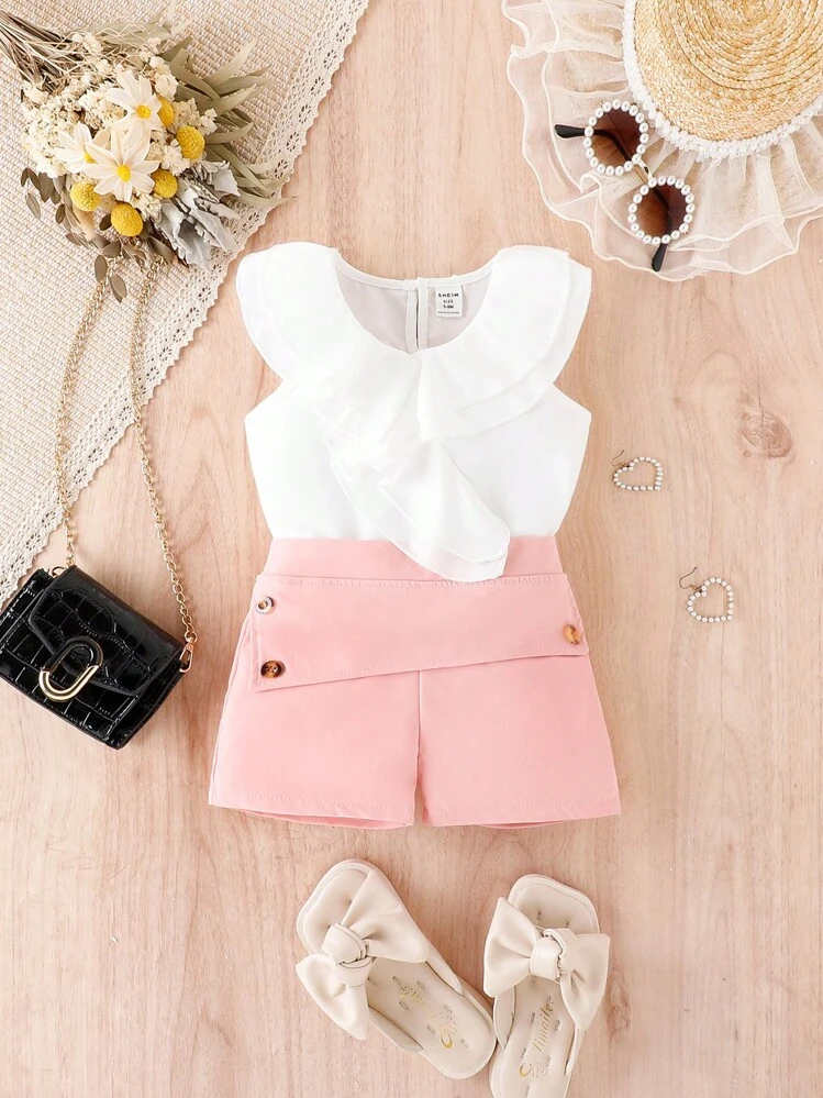 Bébé À Volants Top Sans Manches & À Bouton Short - Rose pâle - Voir 1