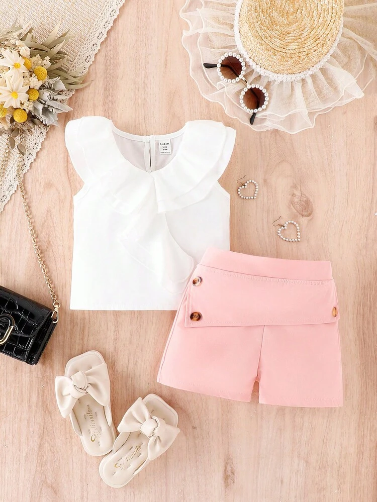Bébé À Volants Top Sans Manches & À Bouton Short - Rose pâle - Voir 3