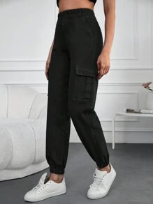 Cottnline Elastic Waist Flap Pocket Side Cargo Jeans - Black - View 1