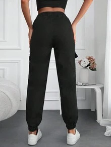 Cottnline Elastic Waist Flap Pocket Side Cargo Jeans - Black - View 2