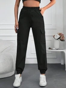 Cottnline Elastic Waist Flap Pocket Side Cargo Jeans - Black - View 3