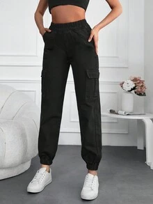 Cottnline Elastic Waist Flap Pocket Side Cargo Jeans - Black - View 4