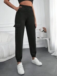Cottnline Elastic Waist Flap Pocket Side Cargo Jeans - Black - View 5