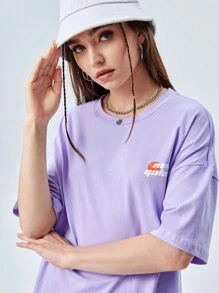 SWAVVY 1pc Slogan Graphic Drop Shoulder Oversize Tee - Lilac Purple - View 10