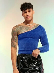 FeverCity 男士單肩金屬亮絲T恤 - 藍色 - 查看 4