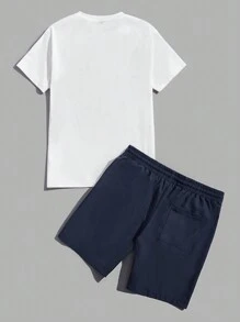 Manfinity VCAY Men Letter Patched Detail Tee & Drawstring Waist Shorts - Navy Blue - View 2