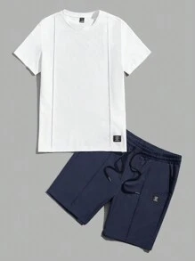 Manfinity VCAY Men Letter Patched Detail Tee & Drawstring Waist Shorts - Navy Blue - View 4