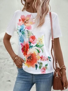 SHEIN LUNE Round Neck Floral Print Tee