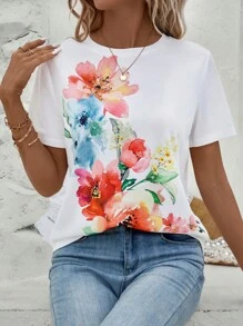 SHEIN LUNE Round Neck Floral Print Tee