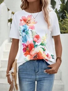 SHEIN LUNE Round Neck Floral Print Tee