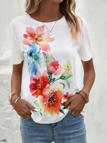 SHEIN LUNE Round Neck Floral Print Tee