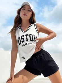 SHEIN EZwear Letter Graphic Striped Trim Tank Top Without Cami Top - White - View 8