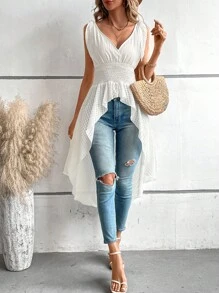 Breezaya Solid Knot Shoulder High Low Hem Blouse - White - View 5