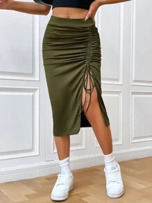 SHEIN Essnce Split Thigh Drawstring Ruched Front Skirt - Army Green - View 1