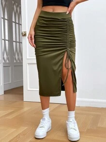 SHEIN Essnce Split Thigh Drawstring Ruched Front Skirt - Army Green - View 4