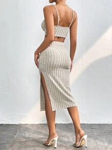SHEIN PETITE Bộ đồ hai mảnh nữ Gân đan Tách cao màu trơn - Màu be - Xem 2