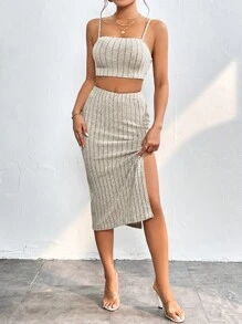 SHEIN PETITE Bộ đồ hai mảnh nữ Gân đan Tách cao màu trơn - Màu be - Xem 3