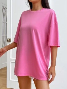 SHEIN EZwear Áo thun nữ Slogan Giải trí - Hồng - Xem 4