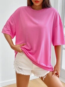 SHEIN EZwear Áo thun nữ Slogan Giải trí - Hồng - Xem 5