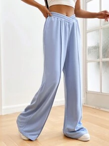 SHEIN EZwear 素色闊腿衛褲 - 淺藍色 - 查看 1