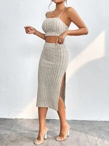 SHEIN PETITE Bộ đồ hai mảnh nữ Gân đan Tách cao màu trơn - Màu be - Xem 6