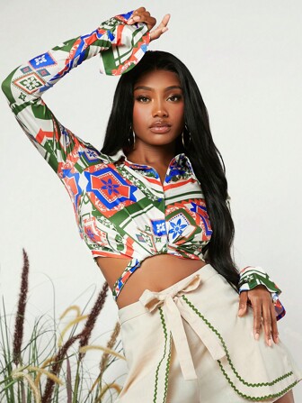 SHEINNeu Geo & Floral Print Button Front Tie Back Crop Shirt